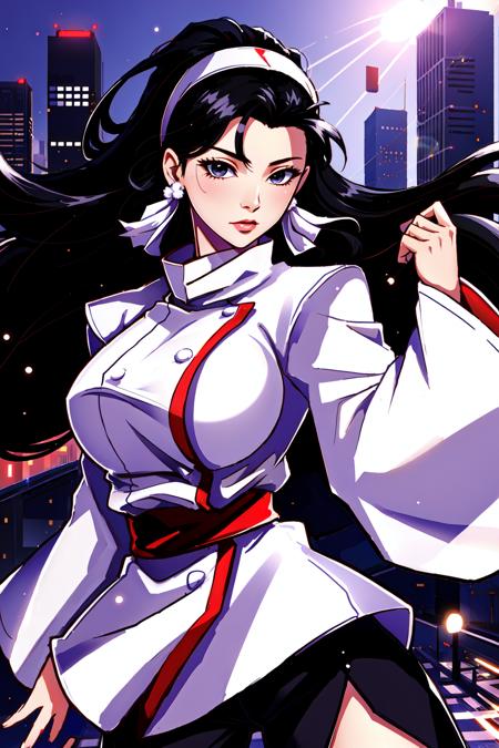 Chizuru Kagura,white headband,black hair,black trousers,(city:1.3), best quality, <lora:Chizuru_Kagura_v0:0.6>