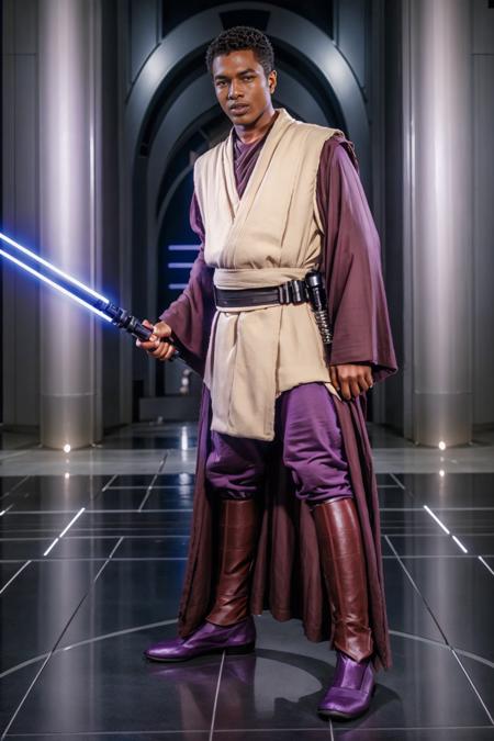 standing in plaza in front of a Jedi temple, SeanXavier,  in jedioutfit, dignified, holding (purple lightsaber), masterpiece, ((full body portrait))  <lora:SeanXavier-000005:0.8>   <lora:exposure_control_v10:0.3>  <lora:jedioutfit:0.75>  <lora:starwars:0.6>