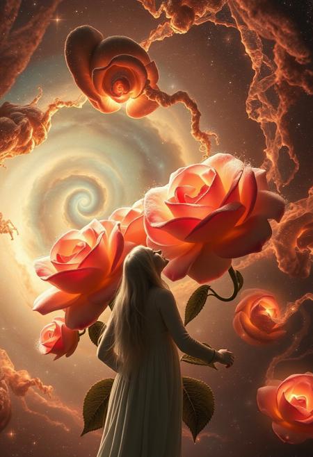 In the depths of a spiral nebula, a heavenly garden blooms in silent majesty.  Giant roses with petals woven from shimmering stardust and hot nebular gas reveal breathtaking cosmic beauty.  Each rose gave off a soft, ethereal light, and the petals whirled in a slow, graceful dance.  Delicate tendrils of stardust, dotted with glittering particles, protruded from the roses and wound around each other to form a glowing tapestry that stretched across the nebula.
In the center of this charming garden stood a woman with long silver hair that cascades down her back like moonlight.  Staring up, lost in the swirling nebula above, she was a silhouette against the backdrop of a vast universe.