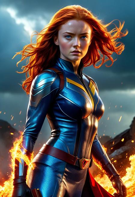 High resolution ultra-realistic of Beautiful burly Jean Grey, 8k, capturing the intensity of the moment, cinematic lighting, standing on a bloody and stormy Battleground in a fighting pose, wavy red hair, realistic bloody dirty pale face, realistic blue eyes, fire, intricately designed kevlar combat costume, red mini skirt, Marvel comics Aesthetic, perfect athletic figure, beautiful Sadie Sink as Jean Grey, fire, ultra realistic, cinematic style, athletic figure, X-Men, dramatic lighting, wet and sweaty skin, dirty skin, athletic figure, MCU, dramatic lighting, Greg Rutkowski style, Jean Grey on in X-Men style superhero costumes, hyper-detailed, hyper-realistic, bright colours, Attractive 25 old years girl, Attractive, beautiful firm Breasts, sharp focus, digital painting, Photograph Taken on Nikon D750, Alphonse Mucha, 8K, athletic figure, Hyperdetailed, hyperrealism, Attractive, Attractive bust girl, asymmetric balance