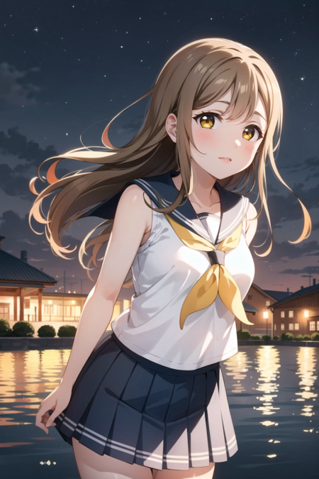 masterpiece, best quality, 1girl, solo, kunikida hanamaru,  <lora:MaruLL_v1-04:0.6>,  long hair, looking at viewer, skirt, brown hair, shirt, school uniform, yellow eyes, white shirt, pleated skirt, serafuku, sleeveless, neckerchief, grey skirt, yellow neckerchief, uranohoshi school uniform, grey sailor collar, plant, lake, night, city lights,