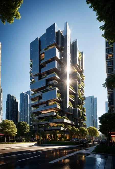 (((Modern style architecture, housing, luxury residence))),
outdoors, sky, tree, blue sky, no humans, ground vehicle, building, scenery, reflection, city, cityscape, bare tree, skyscraper, real world location,
(Large Files, Ultra Realistic, 8K, 16k, FHD, HD, VFX, Perfect, Photography, composition, Architecture Sales Photography, Architecture Competition, Ultra High Resolution, Cinematography, High Resolution Image:1.1), (dramatic lighting, direct sunlight, ray tracing, clear shadow:1.2), (real landscape:1.1), (blurred background:1.0), (urban background, more_details)  
(avant-garde, future, reality, science fiction, photorealistic), (modern architecture:1.2), White limestone with black granite, fountain, waterfall, landmark, square, path, narrow street,
(Large Files, Ultra Realistic, 8K, 16k, FHD, HD, VFX, Perfect, Photography, composition, Architecture Sales Photography, Architecture Competition, Ultra High Resolution, Cinematography, High Resolution Image:1.1), (dramatic lighting, direct sunlight, ray tracing, clear shadow:1.2),  (real landscape:1.1), (blurred background:1.0), (urban background, more_details) ,
great lighting, extremely detailed, clear, SteamPunk, futuresurban