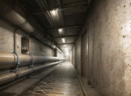 a tunnel with pipes and valves in it, <lora:Pipe-15:1>,penguin,dirt,steam,moisture,mud