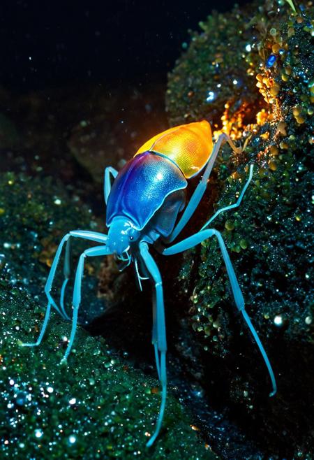 captivating and marvellous scenery on a distant world, award-winning macro photo, short depth of field, hyper realistic, ultra high definition, dim lighting, at night,  bioluminescence, subsurface scattering, the wee "grubby naggerbug" is a smackwinkeling marvel found in the damp, lumiglistening caves of the dimly lit world "blunderward x". this bioluminescent invertebrate sports a swallorfluxed, translucent carapace that refracts faint light into shimmering rainbows. its jinkleboggling antennae are very sensitive to the cave's eternal vibrations, allowing it to detect both predators and its favored food, the elusive "mossycling sparklemites." the creature's habitat features undulating walls of glistening stalagshimmer and faintly glowing fungal blooms, creating a truly snuggleflanking ecosystem, creature focus, very aesthetic, extremely detailed, ultra high resolution, 8k, 4k, harmonising colors, anthrazit grey and deep teal and royal purple and ivory and night blue and bordeaux red, ovg, in the style of ckpf, frank frazetta