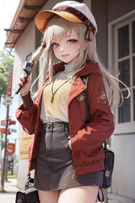 (masterpiece, best quality:1.2), <lora:vspo_komori-10:0.8>, cowboy shot, solo, 1girl, komori met, smile, looking at viewer, black headwear, jacket, long sleeves, gloves