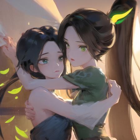 <lora:xiaobai.v02:0.55> ,<lora:xiaoqing.v01:0.9>,(2girl embrace:1.4),(Long hair fluttering),((best quality)), ((masterpiece)), ((ultra-detailed)), (illustration), (detailed light), (an extremely delicate and beautiful), (beautiful detailed eyes), (((Vertical pupil))), shiny hair, colorful painting, {{masterpiece}}, best quality, Amazing, {beautiful detailed eyes},(white green cloth),(best illustration), (best shadow), finely detail, Depth of field (bloom), (painting),{ very delicate light},beautiful detailed dress,Flying green petals,Holy lighting,soft focus, character focus,disheveled hair,long bangs,