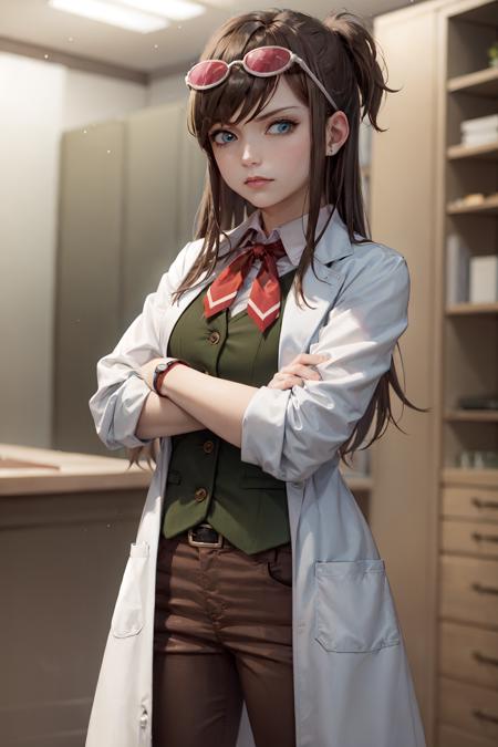 (masterpiece, best quality:1.2), <lora:aa_emaskye-10:0.8>, cowboy shot, solo, 1girl, ema skye, unamused, looking at viewer, crossed arms, tinted eyewear on head, open clothes, labcoat, sleeves rolled up, green vest, red neck ribbon, brown pants, wristband