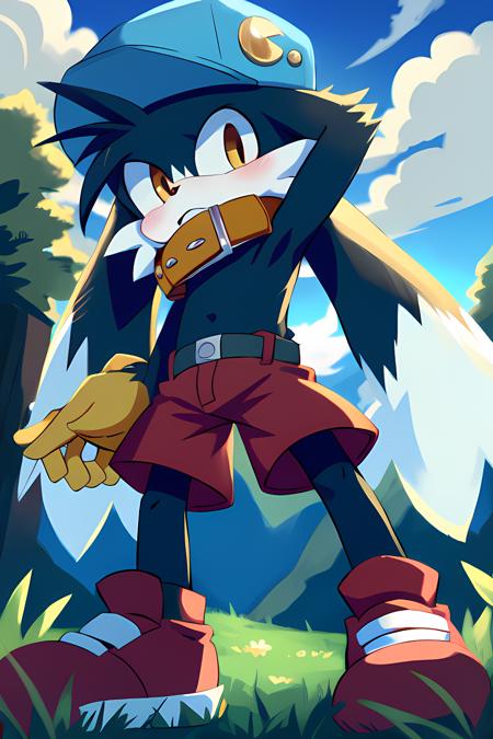 Klonoa, blue hat, red collar, red shorts, brown boots, yellow gloves, yellow eyes Klonoa, blue hat, blue shirt, zipper pull tab, blue shorts, red boots, yellow gloves ring, holding ring, green gem backwards hat