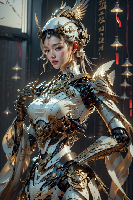 Best quality,masterpiece,ultra high res,(photorealistic:1.4),1girl,detailed skin,jiexieji,robot joints,android,science ficti,,White,upper body,,two tone lighting,sharp focus,octane,unreal,dimly lit,low key,high contrast,Film Light,,leaning forward,,Chinese Zen style, <lora:南冥星垂曜八:1> ,