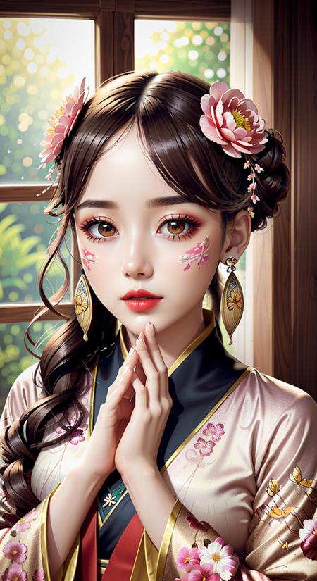 (((masterpiece))), best quality, [ultra detailed|extremely detailed], detailed background, glowing, light particles, light rays, atmospheric lighting, sparkle, 1girl, child, detailed face, hanfu, hair ornament, flower, long hair, solo, hair flower, holding, long sleeves, black hair, hair bun, wide sleeves, jewelry, earrings, looking at viewer, hands up, red lips, facial mark, makeup, window, lattice, petals, pink flower, butterfly, branch, bug