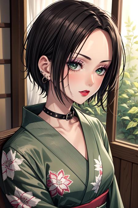 1girl, (masterpice:1.3), highres, high-detailed, high quality, (solo), 4k, cg, pixiv, (perfect face and eyes), detailed face, dynamic light,  intense shadows, intricate_details, nana,short hair, black hair, jewelry, green eyes, earrings, collar, makeup, piercing, lipstick, ear piercing,  yukata, room, print kimono, japanese clothes, sexy, sensual, <lora:nana_osaki-08:0.7>,  <lora:more_details:0.4>