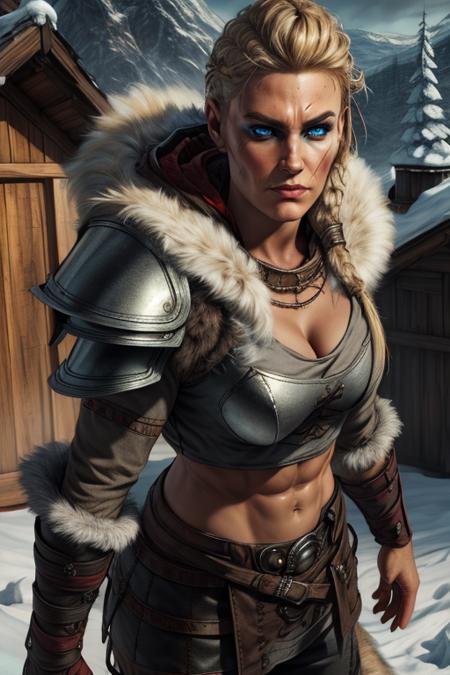 Eivor, scar on face,blonde hair,blue eyes, short hair,  standing,  upper body,  close up, serious, 
EivGear,armor , leather armor, abs, fur trim,jewelry,boots, pants, hood down,  cleavage, 
Nordic room,  wooden house, cold weather,  
(insanely detailed, beautiful detailed face, masterpiece, beautiful detailed eyes, best quality)   <lora:Eivor-10:0.8>