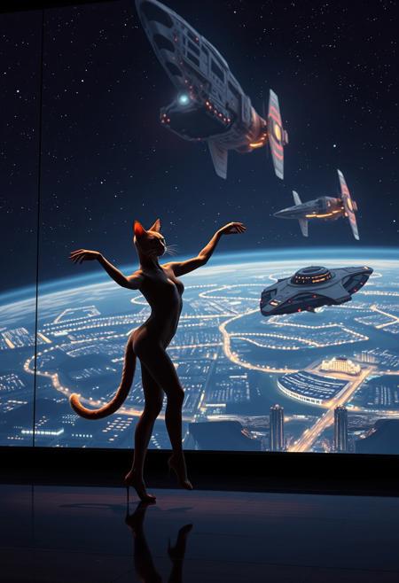 a beautiful elegant female anthropogenic cat dancer is dancing on a futuristic stage micro-LED lighted, behind the dancer on the stage is an enormous seamless and futuristic wall to wall and floor to ceiling window that looks out at a planet from low orbit, the planet is covered with the lights of enormous buildings and cities, An enormous deco starship with futuristic lighting and an enormous space station are visible in the background among the stars, Artistic art deco, dynamic perspective, (((overall architectural aesthetic is Art Deco Cyberpunk))).  Epic image that elicits a feeling of wonder and awe, nebula in distance, extreme detail with city and lights,
