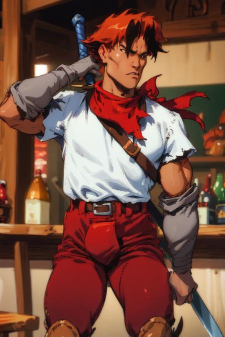 ((best quality)), ((masterpiece)), (detailed),(high-resolution:1.2),
1man, Lanfeust, white shirt, red bandana, red pant, holding a sword, fight, tavern, action scene