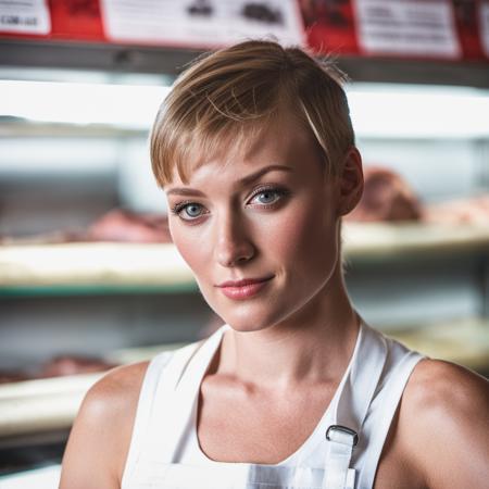 <lora:victoriasmurfit_lora_xl_23:1> victoriasmurfit  beautiful woman, 26 years old, with a crew cut hairstyle with black fade hair and bangs!!!!!!, in a paris butcher shop, surrounded by hang meat, (high detailed skin:1), 8k uhd, dslr, soft lighting, high quality, film grain, Fujifilm XT3