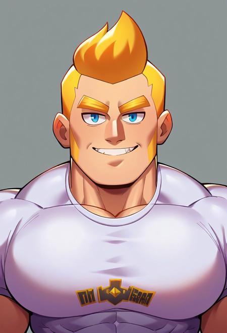 source_cartoon, score_9, score_8_up, score_7_up, score_6_up, score_5_up, score_4_up, rating_questionable <lora:brawl_style_1_2_resized:0.75>, <lora:add-detail-xl:1.5>, Detailed, High Definition, Half Body, Closeup, Bust portrait, In The School/School Background, School Gym, School Scenery, 1boy, DILF, (Strong Triangular Jawline), bodybuilding, tall, hypermuscle, hypermasculine, muscular, massive pectoral, beefy muscle, Rugged Features, Mature Male, 40-Year Old, Bald, Masterpiece, Blonde eyebrows, PE Teacher Shirt Outfit, {(Blonde Sideburns)}, {{Bald Scalp}}, {{Blonde Mutton Chops}}, Looking At Viewer, Blue Eyes, Brawl Stars Style, Saying Hi, Smile, Highlights, {No Mustache}, Source_Cartoon, Cartoon, Art