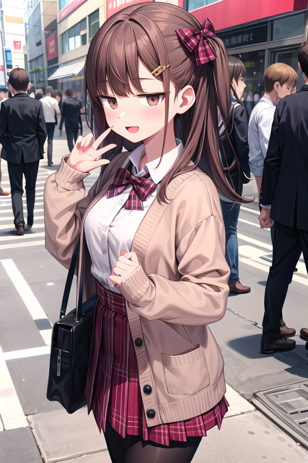 <lora:hotarueye_jitome17_v100:1>, insanely detailed, absurdres, ultra-highres, ultra-detailed, best quality,
1girl, solo, nice hands, perfect hands,
BREAK
(School Uniforms:1.2), (pink cardigan is fit body:1.4), ((do up a buttons, not loose):1.5), ((long sleeve, sleeves past wrists):1.2), (inner wear is white collared-shirt:1.3), (red plaid-pattern bow:1.3), (red plaid-pattern pleated skirt:1.3), ((dark-brown pantyhose, loafers):1.2) 
BREAK
happy smile, laugh, open mouth, standing,
from side,
seductive pose, cowboy shot,
BREAK
slender, kawaii, perfect symmetrical face, ultra cute girl, ultra cute face, ultra detailed eyes, ultra detailed hair, ultra cute, ultra beautiful,
BREAK
in harajuku, shibuya, tokyo, street, crowd, cityscape,
BREAK
medium large breasts,
(brown hair, brown eyes), hime cut