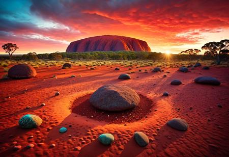 the sacred aboriginal mountain, ayers Rock, sunset, Autralia aboriginal landscape, The Dreamland, Gibson desert, red earth, rock, ants, sky sunset, ethereal landscapes, floating stones above the ground, aboriginal landart maelstrom of color dots, ocre, red, turquoise beans, pearls, lizard, depth of field, soft tones, mist mysteries,