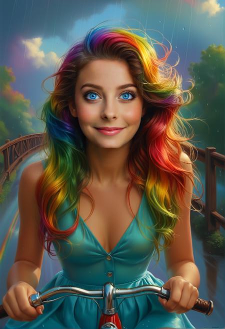masterpiece, best quality, illustration, style of Art Frahm, Whimsical, whimsy, cartoonish, 2.5D, (looking at viewer), ((Crossing the rainb0w Bridge riding a rainb0w tricycle)), animals, 
beautiful female, 1girl, solo, beautiful eyes, petite, soft, airy, light, ((wearing  rainb0w silk)), shiny, glossy, ((extremely long flowing rainb0wl hair)), hair toss, 
highly detailed, extremely high-resolution details, fine texture, high dynamic range, vivid, rich details, clear shadows and highlights, intense, enhanced contrast, highly detailed, intricate, 
aidmaimageupgrader,  midjourneyv6.1,  Rainb0w M0rph,
 <lora:MidjourneyV6.1:0.80> , <lora:aidmaImageUpgraderSDXL-v0.3:0.75> ,  <lora:Rainbow_Morph_-_bring_sunglasses:1.2>,  <lora:tbh210-sdxl:0.75>