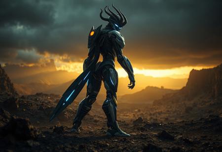A powerful details Vulcan divine robot, rendered in sharp black/white with vibrant blue/yellow accents, stands in a dynamic pose atop the harsh, contrasting terrain of a Harpies' Hunting Ground, head turned, surveying the scene. Creative cinematic angle, captivating lighting, golden ratio composition, deep focus. Highly detailed 4K render, Octane, Unreal Engine 5, matte painting, CGSociety, trending on Artstation, contemporary aesthetics, handcrafted precision.