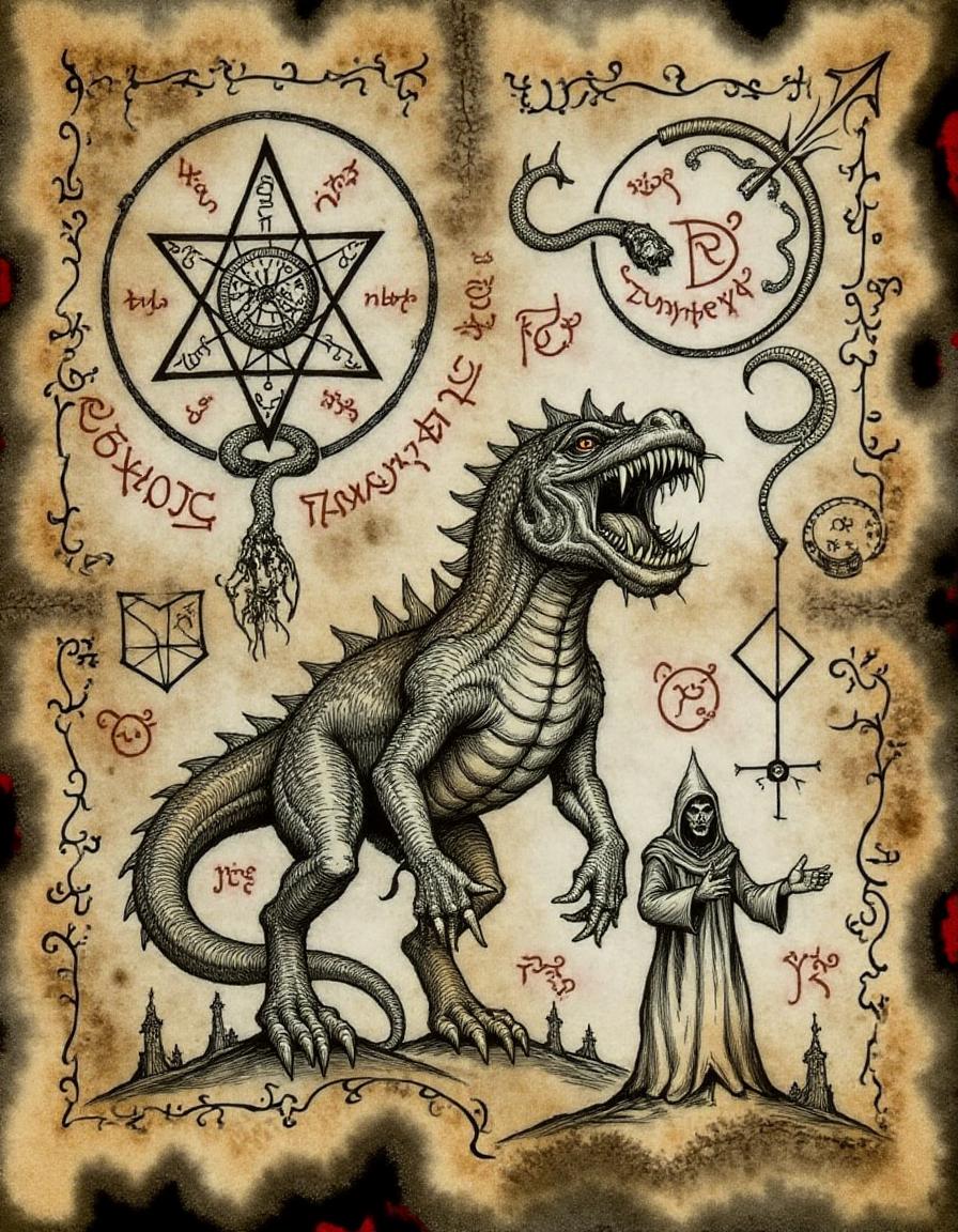 <lora:the_forbidden_book_v40_rank32_bf16-step00440:1> frbddnbk,, An ancient parchment, frayed at the edges, displays a scene of a towering beast with reptilian features. Its elongated snout is filled with jagged teeth, and its muscular body is partially covered in scales. Standing to its side, a cloaked sorcerer gestures as though commanding the beast. Above them, an intricate pentagram encircles a serpent consuming its tail, symbolizing eternity. Encircling the illustration are swirling glyphs and symbols that seem to shift and intertwine, suggesting an incantation at work. The weathered texture of the page, combined with the delicate ink strokes, evokes a sense of an ancient spellbook.