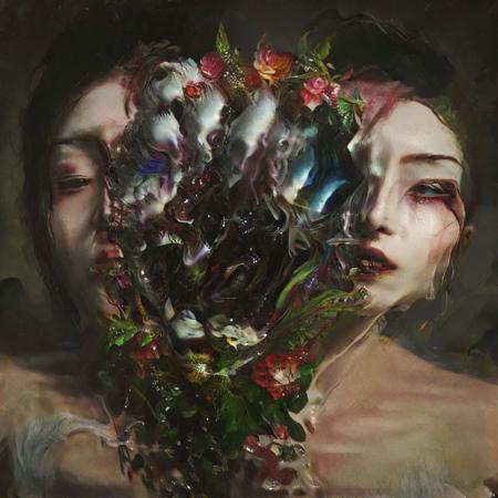 An award winning 3d stereoscopic color portrait photograph, a gorgeous femme fatale, giant overgrown dirty grotesque horse teeth growing into teeth and more teeth, a gorgeous floral arrangement made of crystals and glass, dripping, oozing slime, dramatic, moody, dark, cinematic lighting
