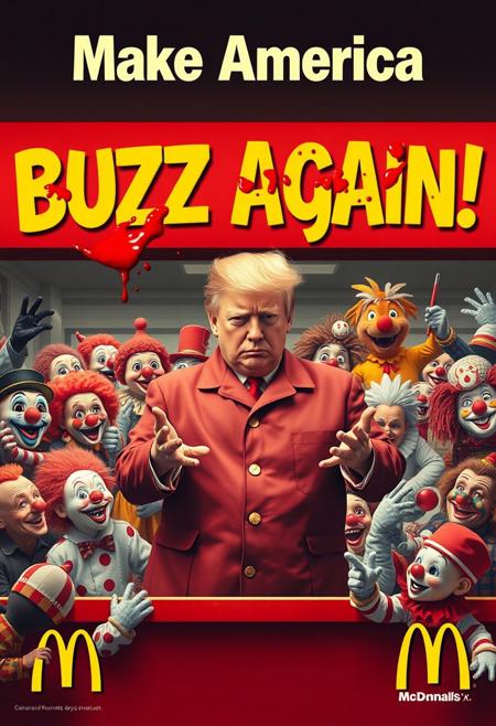 McDonald's advert poster. Donald Trump stands behind the counter of McDonald's, looking confused in an oversized uniform, and tiny hands, while surrounded by a chaotic mix of clowns, mascots. The slogan on top reads: 'Make America Buzz Again!' with ketchup stains splattered across the slogan. The color scheme is exaggerated, with over-the-top patriotic red, white, and mustard-yellow.