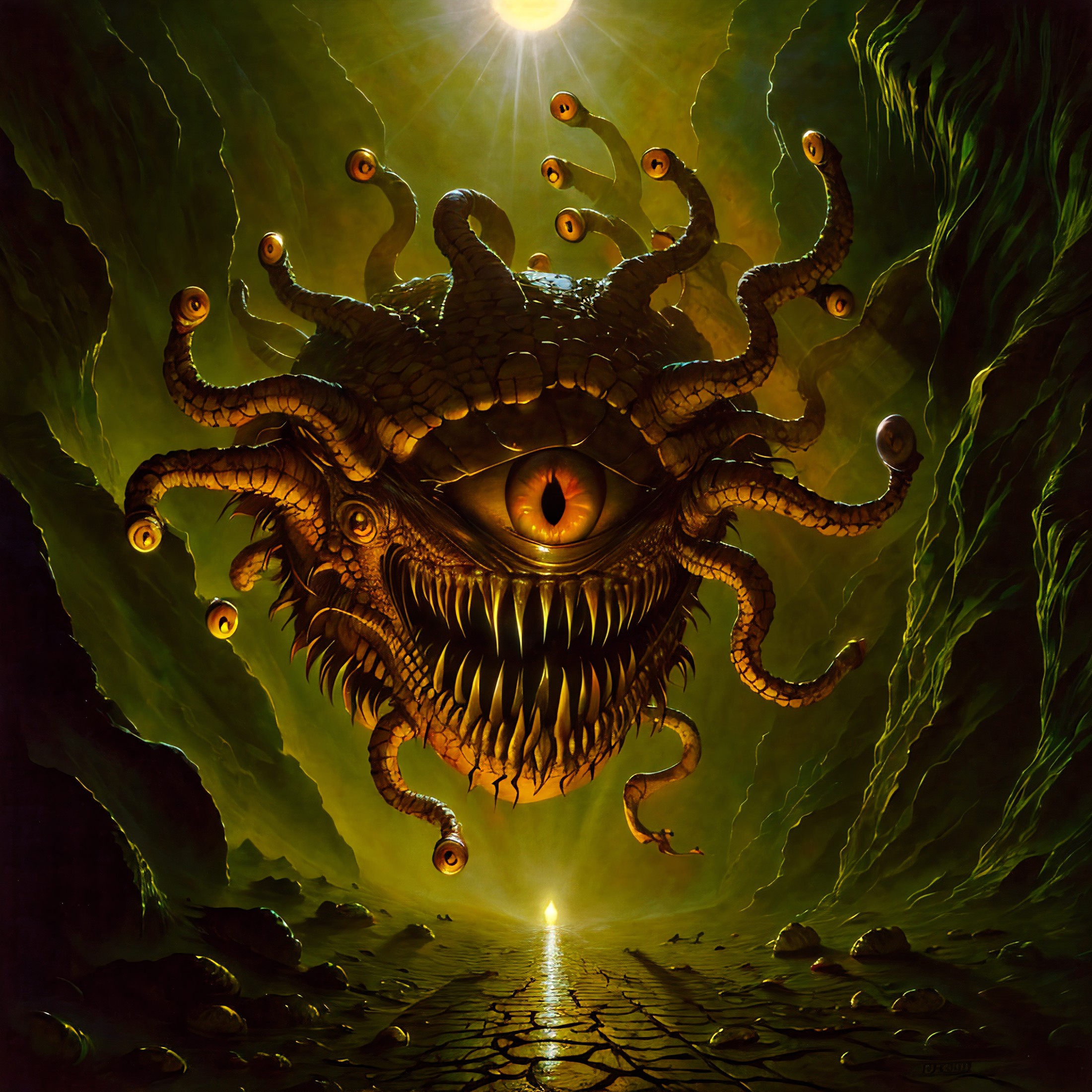 painting, by Larry elmore,  <lora:BeholderLora:1.2> no humans, beholder, monster, solo, horror (theme), yellow eyes, eye f...