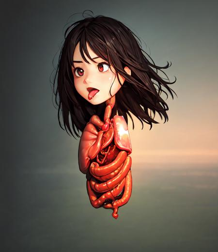 (tohdana style:1.4) white background<lora:krasue_152:1>(krasue (a flying woman head:1.2) with human organ lung (heart:0.7):1.2)  <lora:krasue_152:0.9>blood,Chibi