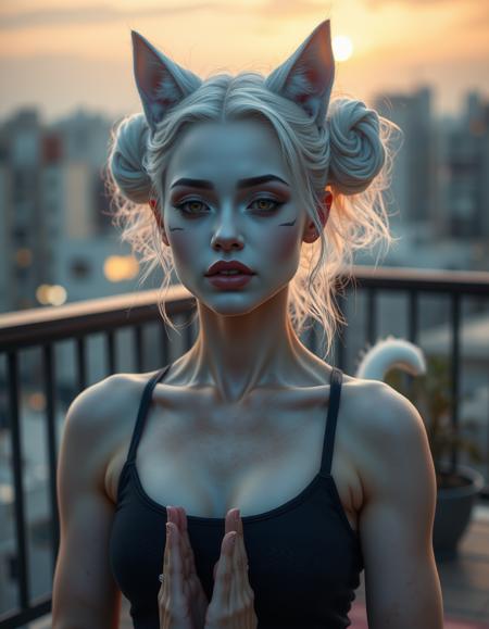cinematic style, beauty, realism, photorealism, chiaroscuro, high quality, 1girl, pale dusky blue skin, facial markings like whiskers, white cat ears and a white cat tail, pronounced fangs, white hair in two large ringlets, a female miqote with a petite build, bright yellow eyes, cinematic photo a mentally able woman in her mid-20s doing yoga at sunrise on her balcony, her makeup-free face relaxed and peaceful as she moves through her routine, embodying serenity. 35mm photograph, film, bokeh, professional, 4k, highly detailed