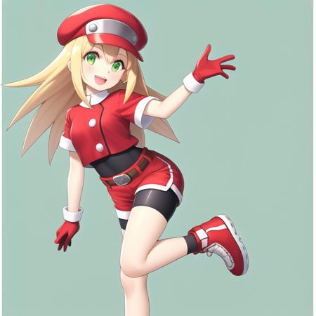 Masterpiece, Best quality, 4k resolution, beautiful eyes,  Roll Caskett, , transparent background, roll caskett, 1girl, full body, solo, hat, gloves, smile, bike shorts, blonde hair, green eyes, belt, open mouth, holding, red shorts, red headwear, shorts, long hair, brown gloves, red footwear, leg up, standing, looking at viewer, small breasts, standing on one leg, shoes, short sleeves, :d, eyebrows visible through hair, undershirt