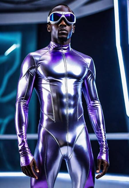 a 28-year-old Senegalese male with short hair, confused face, wearing robotic goggles, wearing a skin tight shiny silver latex supervillain bodysuit with purple and white details and a gem in the chest, inside a supervillain Headquarters in background, standing at attention posture, looking at viewer, photography, detailed skin, detailed latex texture, realistic, photo-realistic, 8k, highly detailed, full length frame, High detail RAW color art, diffused soft lighting, shallow depth of field, sharp focus, hyperrealism, cinematic lighting,  RAW candid cinema, 16mm, color graded portra 400 film, remarkable color, ultra realistic, textured skin, remarkable detailed pupils, realistic dull skin noise, visible skin detail, skin fuzz, dry skin, shot with cinematic camera