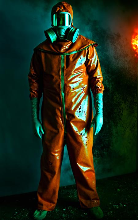 a man wearing a radiation suit, bloody, post apocalyptic background, glowing fog