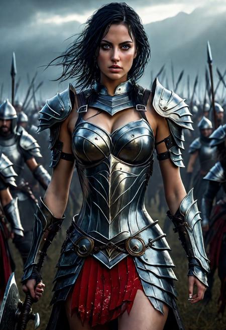 Ultra detailed digital art masterpiece beautiful Brett Cooper as Warrior girl dressed in a iron Armor and red mini skirt, Standing on a battlefield at the head of an army of knights, where a bloody slaughter is taking place, standing in battle pose, a dark epic fantasy, perfect lighting, beautiful Warrior girl, attractive woman, elegant, beautiful woman of athletic body, epic shot of the whole Warrior girl, unreal engine 5 nanite quality, dark fantasy, dark environment, very stormy day, LOTR style, dark washed out eyeliner, no make up, natural bloody pale face, pale skin, realistic brown eyes, ultra detailed atmospheric details, beautiful glowing effects, sparkle effects, realistic body proportions, beautiful face proportions, complex masterpiece, wavy raven black hair, creative glowing detailed tattoos, complex physics, enhanced colors, complimentary colors, ultra detailed raytracing reflections, Ultra detailed complex background, environment feels alive, direct eye contact, dramatic lighting, wet and sweaty skin, beautiful firm Breasts, Daylight, Concept art by Greg Rutkowski, adding to the intense and dynamic atmosphere of the scene.