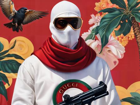 (full body:1.9) (in full growth:2.0),
a close up of a person wearing a white balaclava, holding a gun, gucci clothes, character splash art, low angel, rapper, big tech corporate art design, wearing angel halo covered face, eboy, red bandana, eco punk, cwc