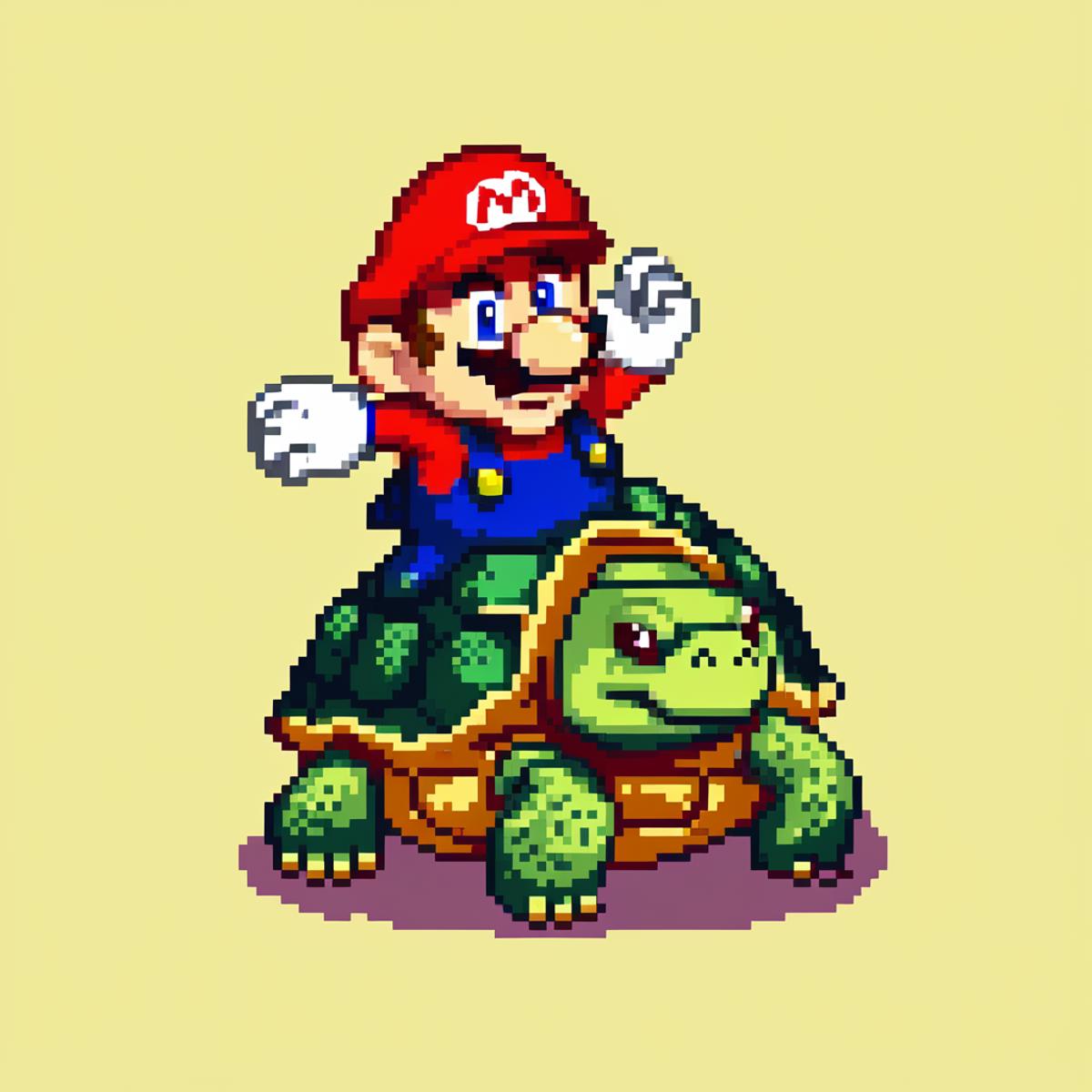 A character rides on the back of a turtle in a video game.
