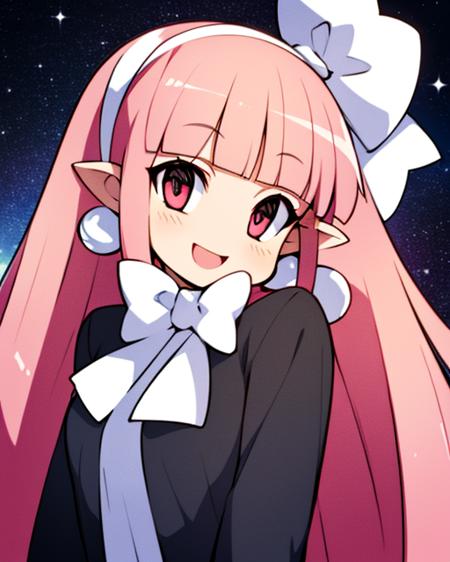 Witch.long pink hair,pointy ears,red eyes , smiling, standing, upper body, 
WitDres,black dress, white ribbon, white hairband,long sleeves,earrings,
outer space, fun park, stars,   
(insanely detailed, beautiful detailed face,  masterpiece, beautiful detailed  eyes, best quality)      <lora:Witch:0.8>