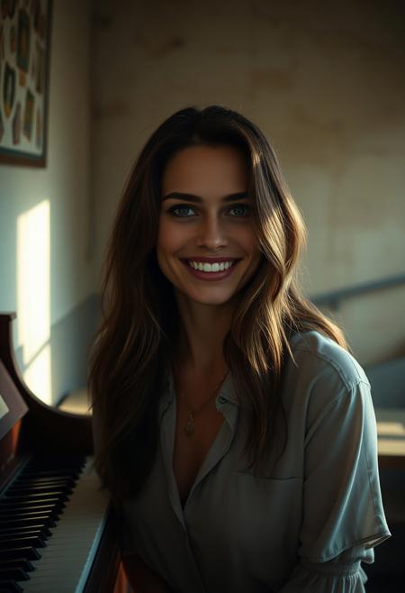 photorealistic image, 4k, hires, a woman with piano key is smiling, in the dusty room, film grain, cinematic lighting, shade, 
brown hair, 
portrait photography, cinematic, poster, painting,
