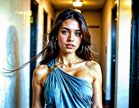 cinematic still action photography of a young woman with ((long hair)) draped in a (toga), dressed in denim tube top, denim shorts, light blue, frayed hems, gold necklace, gold bracelet, navel piercing, white walls, soft lighting, indoor setting, leaning forward, hands under chin, looking at camera, close-up, eye-level shot, frontal perspective, in a hidden city deep in the rainforest plasma, detailed freckles skin, elegant pose, triadic color palette, (fisheyes view:1.2), shot on GoPro HERO9 with Built-in f-2.8 Ultra-Wide . emotional, harmonious, vignette, 4k epic detailed, shot on kodak, 35mm photo, sharp focus, high budget, cinemascope, moody, epic, gorgeous, film grain, grainy, action photography of a young woman with ((long hair)) draped in a (toga), dressed in denim tube top, denim shorts, light blue, frayed hems, gold necklace, gold bracelet, navel piercing, white walls, soft lighting, indoor setting, leaning forward, hands under chin, looking at camera, close-up, eye-level shot, frontal perspective, in a hidden city deep in the rainforest plasma, detailed freckles skin, elegant pose, triadic color palette, (fisheyes view:1.2), shot on GoPro HERO9 with Built-in f-2.8 Ultra-Wide, sharp focus, beautiful, cinematic, intricate, highly detail, warm flashing background, clear, rich