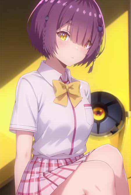 ayanofujimoto, <lora:ayano fujimoto s1-lora-nochekaiser:1>,
ayano fujimoto, short hair, hair ornament, (yellow eyes:1.3), purple hair, braid, (hair over one eye:1.5),
BREAK skirt, shirt, bow, school uniform, white shirt, short sleeves, pleated skirt, shoes, socks, bowtie, plaid, plaid skirt, brown footwear, black socks, loafers, pink skirt,
BREAK indoors, classroom,
BREAK looking at viewer,
BREAK <lyco:GoodHands-beta2:1>, (masterpiece:1.2), best quality, high resolution, unity 8k wallpaper, (illustration:0.8), (beautiful detailed eyes:1.6), extremely detailed face, perfect lighting, extremely detailed CG, (perfect hands, perfect anatomy),