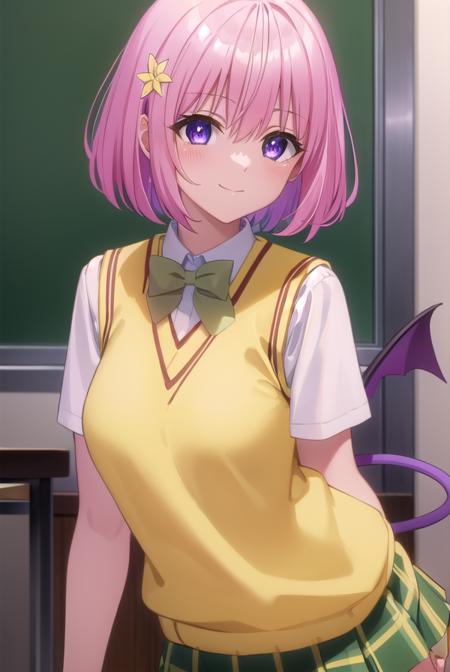 momodevilluke, <lyco:momo deviluke darkness-lyco-nochekaiser:1>,
momo deviluke, demon tail, hair flower, hair ornament, (purple eyes:1.1), pink hair, short hair, tail, smile,
BREAK demon tail, green skirt, plaid, plaid skirt, sainan high school uniform, school uniform, skirt, sweater vest, thighhighs, (yellow sweater:1.5), short sleeves, bow, (green bow:1.5),
BREAK indoors, classroom,
BREAK looking at viewer, (cowboy shot:1.5),
BREAK <lyco:GoodHands-beta2:1>, (masterpiece:1.2), best quality, high resolution, unity 8k wallpaper, (illustration:0.8), (beautiful detailed eyes:1.6), extremely detailed face, perfect lighting, extremely detailed CG, (perfect hands, perfect anatomy),