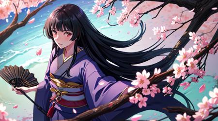 best quality, one girl, mature, standing, cherry blossoms falling,  <lora:add_detail:0.5> , masterpiece,top down view,  <lora:Glassv1.1:0.6>, black kimono, fan vassal weapons, looking at viewer, long hair