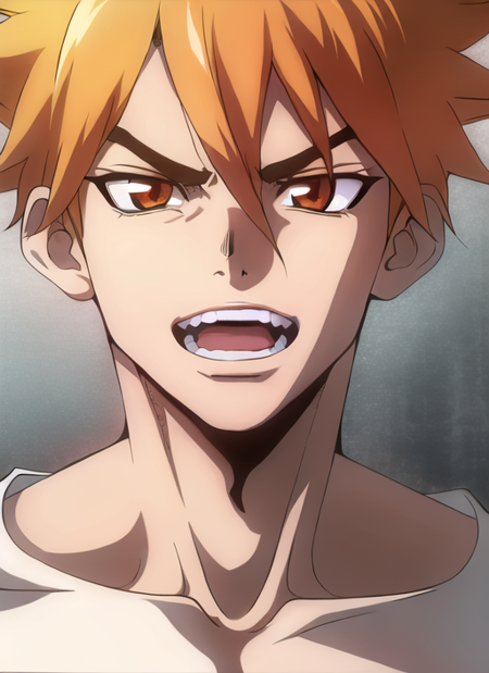 boichi style,  kurosaki ichigo, 1boy, collarbone, looking at viewer, male focus, open mouth, orange eyes, orange hair, solo, spiked hair, spot color, teeth, upper body, upper teeth only, ((masterpiece)), ((drawing)), ((manga))  <lora:boichi_anime_style_offset:1>