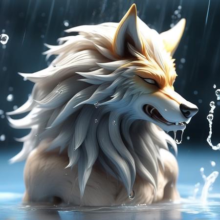 link (wolf form), loztotk, muscular, long hair, splashing out of water, closed eyes, wet body, furry, stunning detail