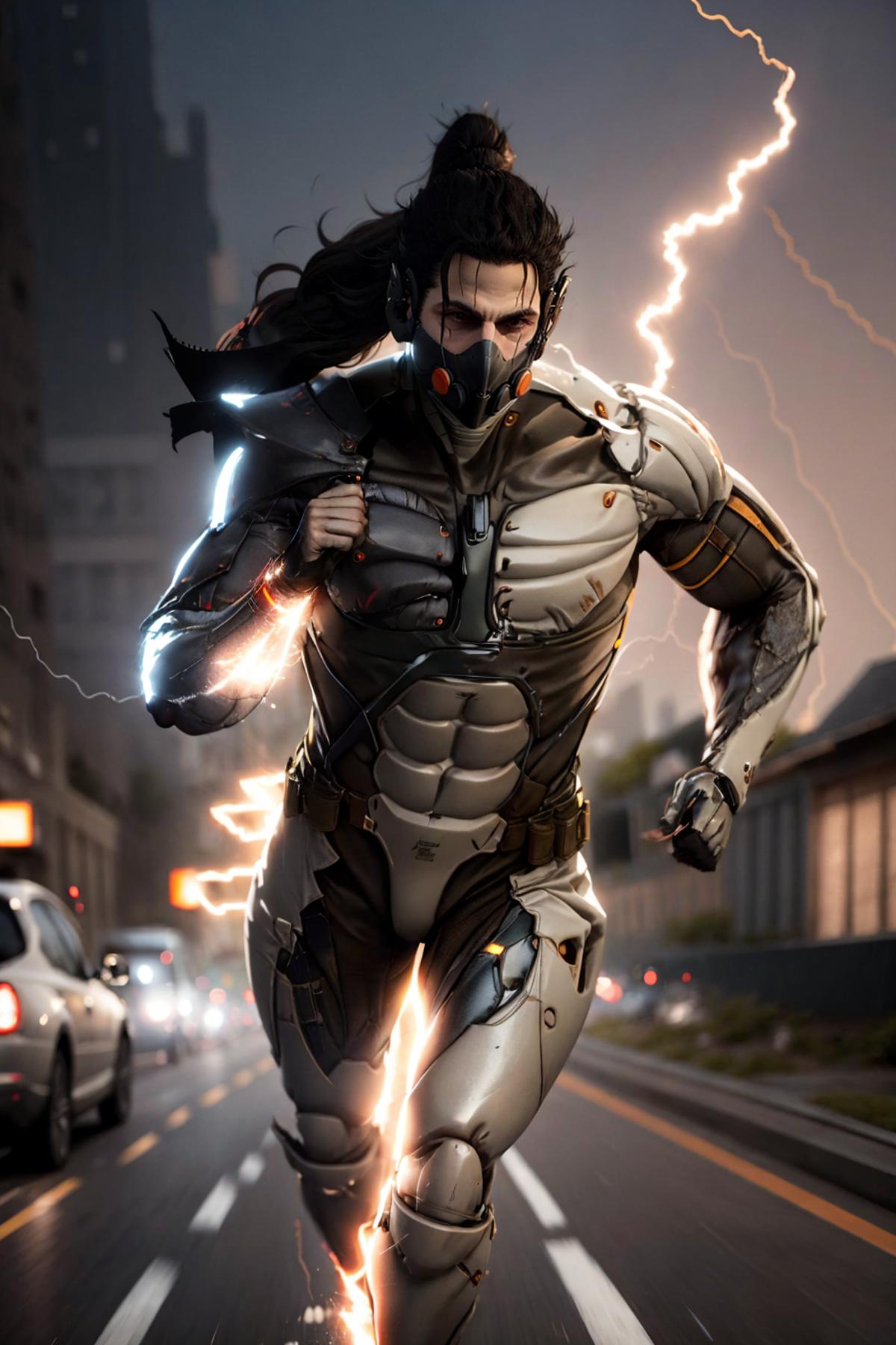 A futuristic cyborg running down a city street.