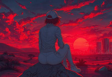 highly detailed manga artist Style, colorfull, in a desert, warm red early morning, hot, detailed soft red glowing clouds. dim red sun, city light and high buildings in the far background, dark shadows, dramatic lighting, dark theme, dark, backlighting, dark back, highly detailed, score_9, score_8_up, score_7_up, low angle backshot, woman, sitting on a stone, back to the camera, short red glowing hair, petit body, thight white jacket, white cap, tight white leggings, white sneakers, slim body, tight ass, tight legs,