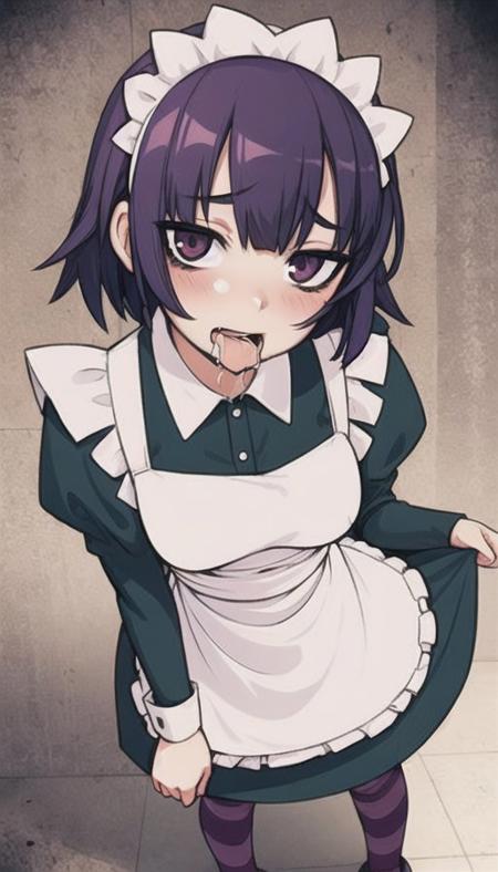 1girl, solo, beautiful face, finely detailed face, beautiful eyes, purple hair, looking into distance, standing, hands behind back, night, ((drooling, maid dress)), <lora:YakuiTheMaid:0.8>