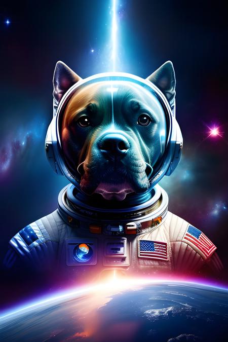 Digital art of a space astronaut Staffordshire terrier in space, earth and a galaxy in the background, epic realistic, 8k, natural light