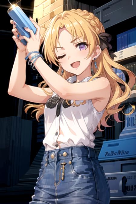 <lora:TsukasaKiryu-10:0.7> ,kiryut, 1girl, solo, long hair, looking at viewer, smile, open mouth, skirt, blonde hair, shirt, holding, bare shoulders, jewelry, purple eyes, white shirt, braid, earrings, one eye closed, sleeveless, nail polish, arms up, bracelet, blue skirt, sleeveless shirt, wavy hair, denim, french braid, stairs, denim skirt