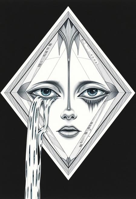architectural style diamond Face in the diamond, waterfalls pouring out of the eye sockets. The texture of the diamond on your face. there's a lake down there.
 <lora:Elden_Ring_-_Yoshitaka_Amano:1> <lora:Midjourney_-_SemiReal_Dreams_FLUX_LoRA:1> . clean lines, geometric shapes, minimalist, modern, architectural drawing, highly detailed